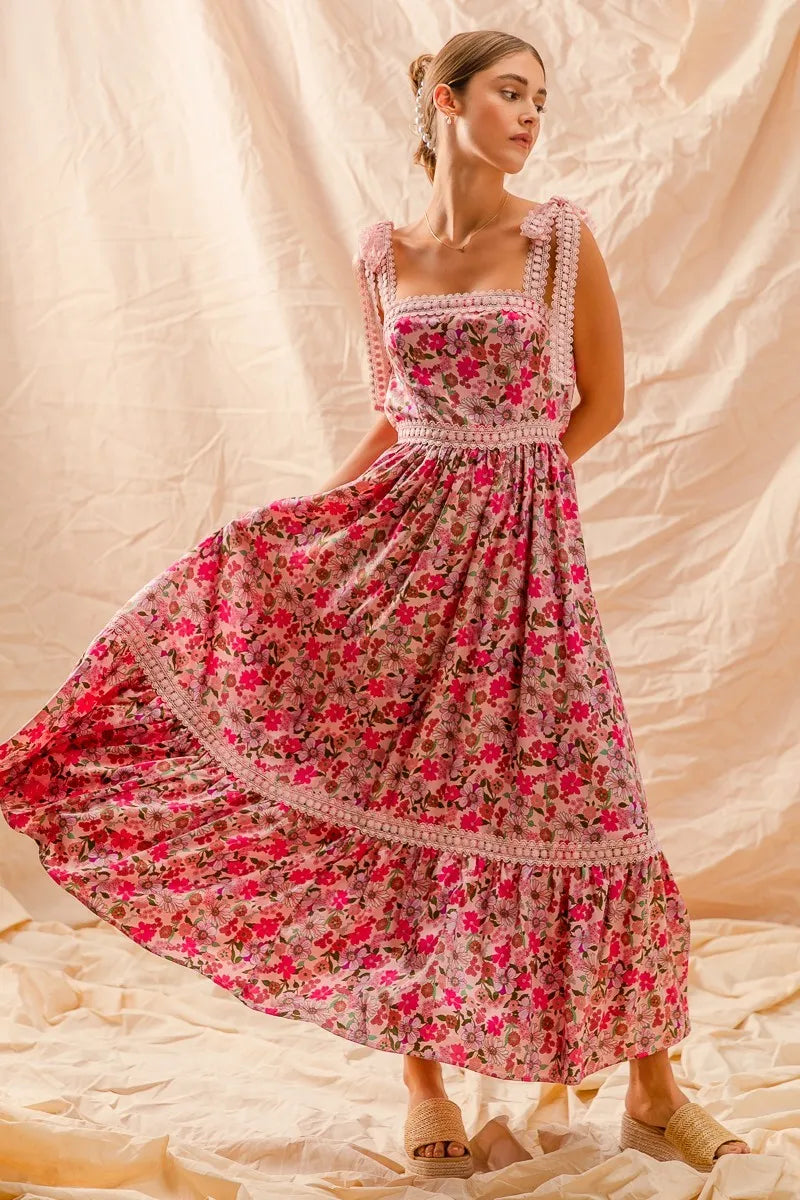 Floral Maxi Dress With Ribbon Tie Lace Strap