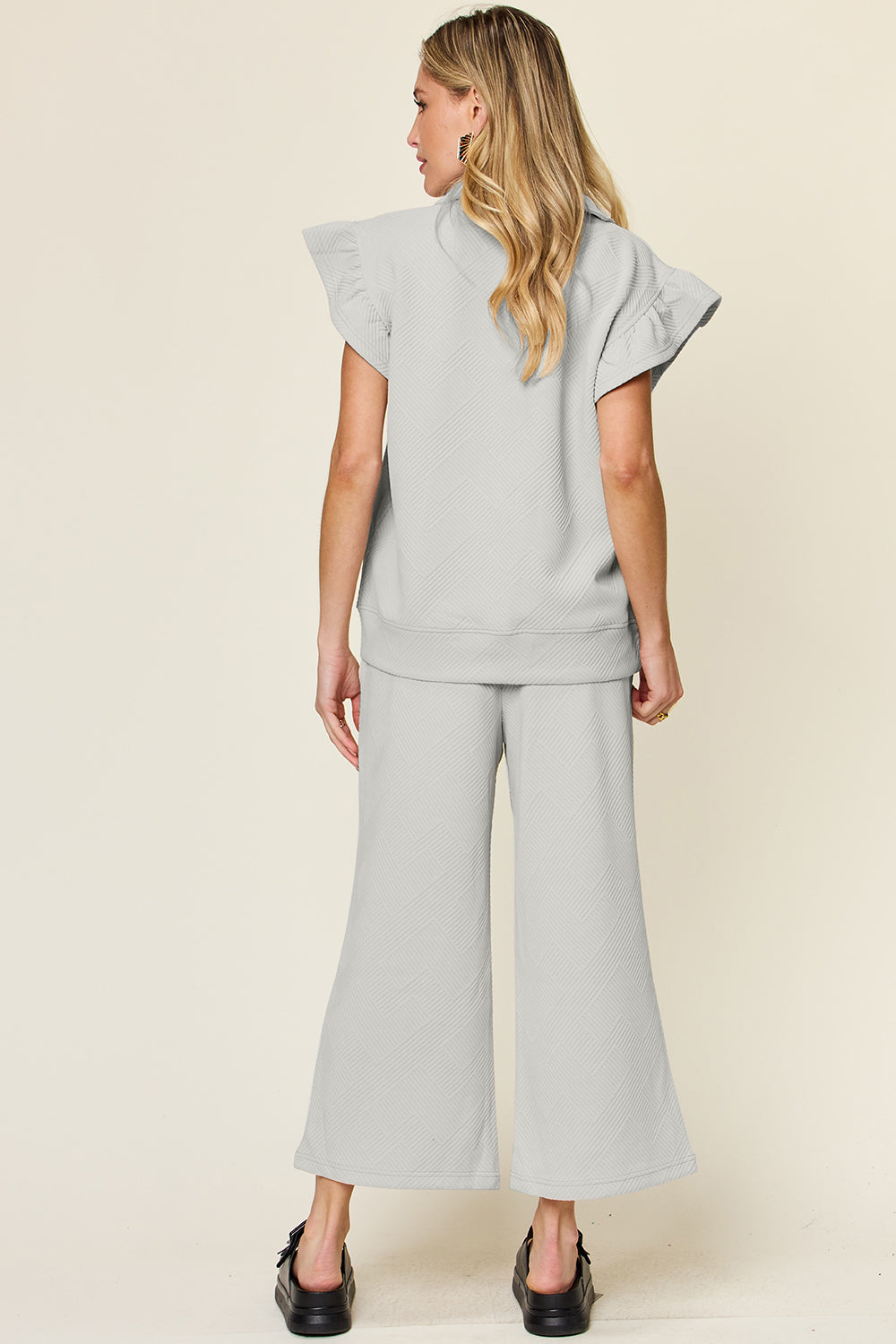 Short Sleeve Top and Drawstring Wide Leg Pants Set