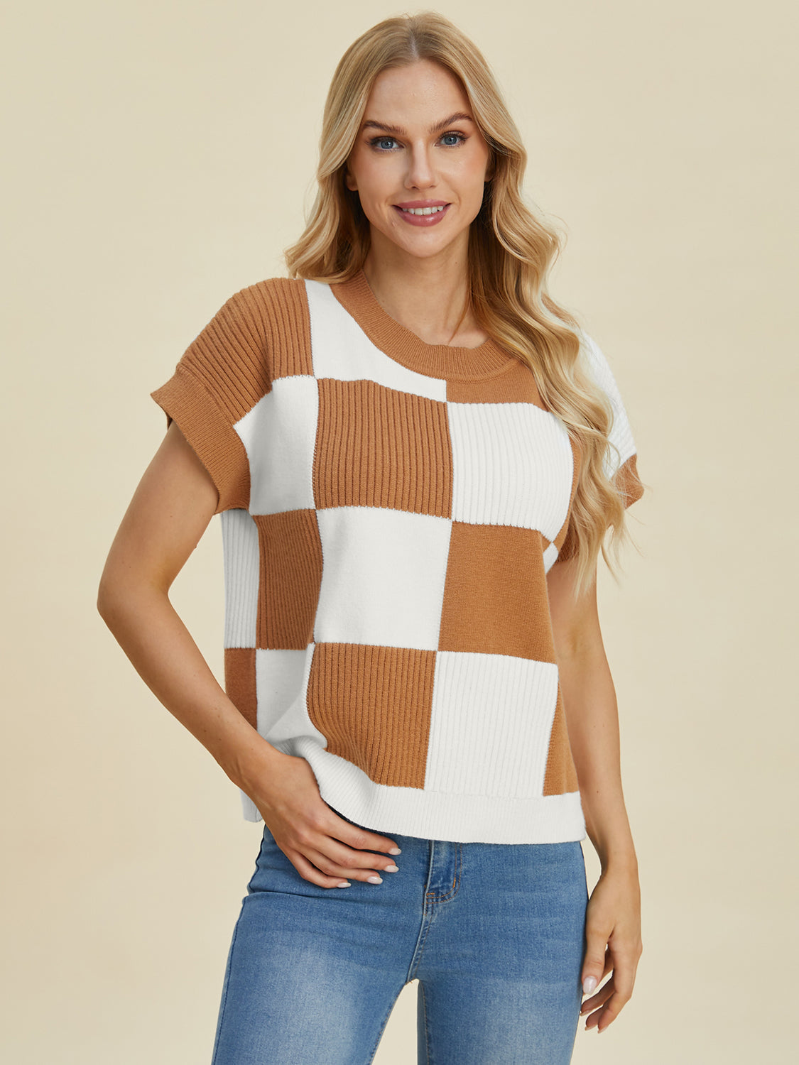 Full Size Chickened Round Neck Short Sleeve Sweater