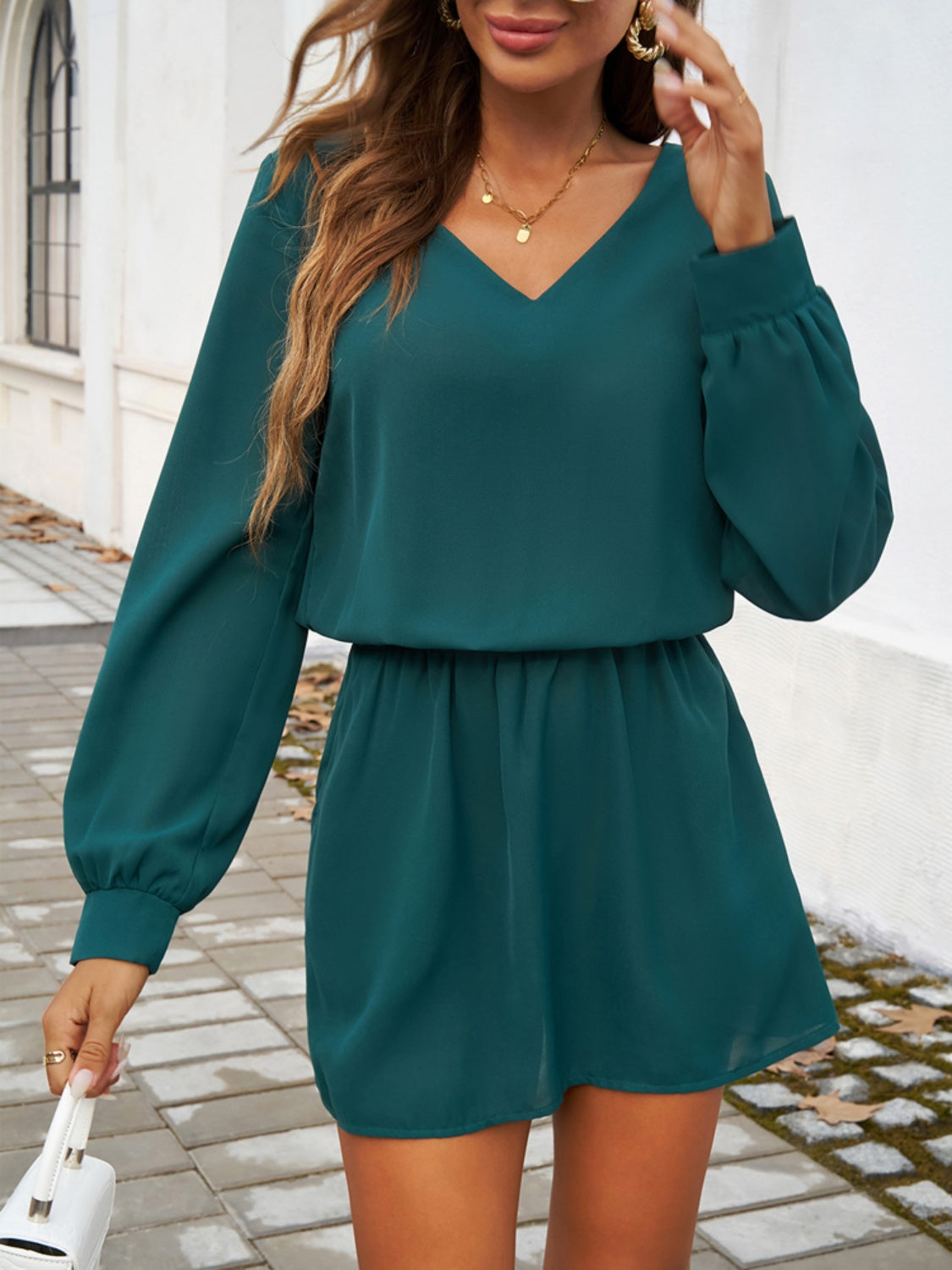 Devine Cutout V-Neck Long Sleeve Mini Dress