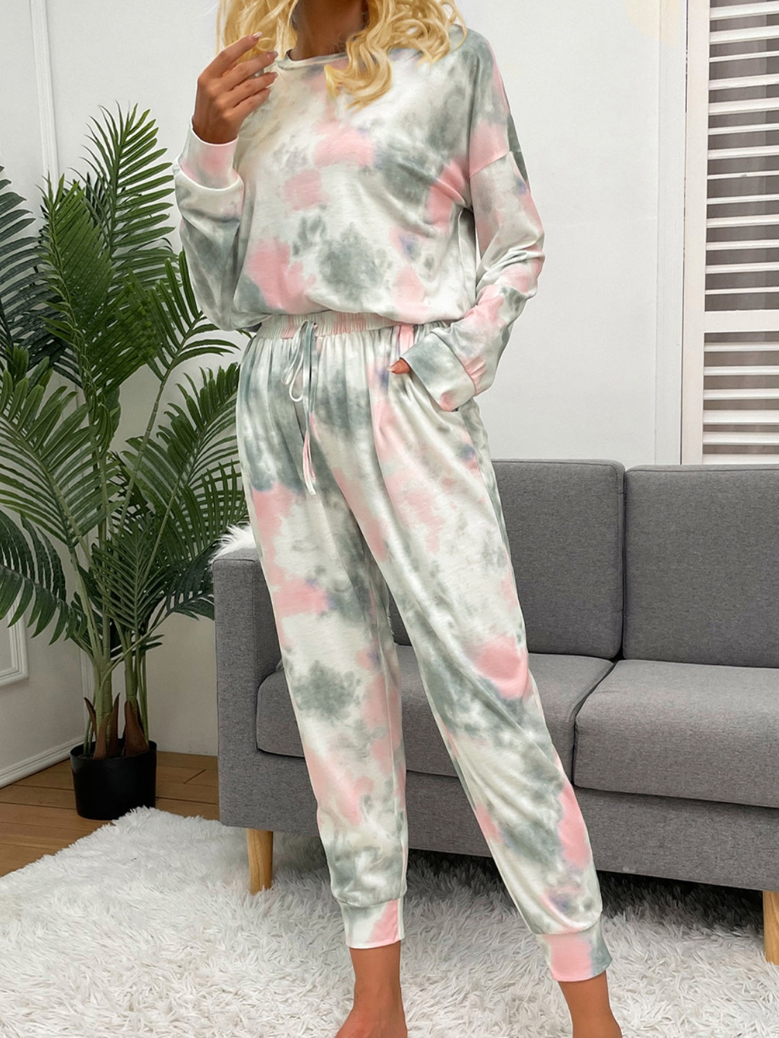 Shiny Tie-Dye Round Neck Top and Drawstring Pants Lounge Set