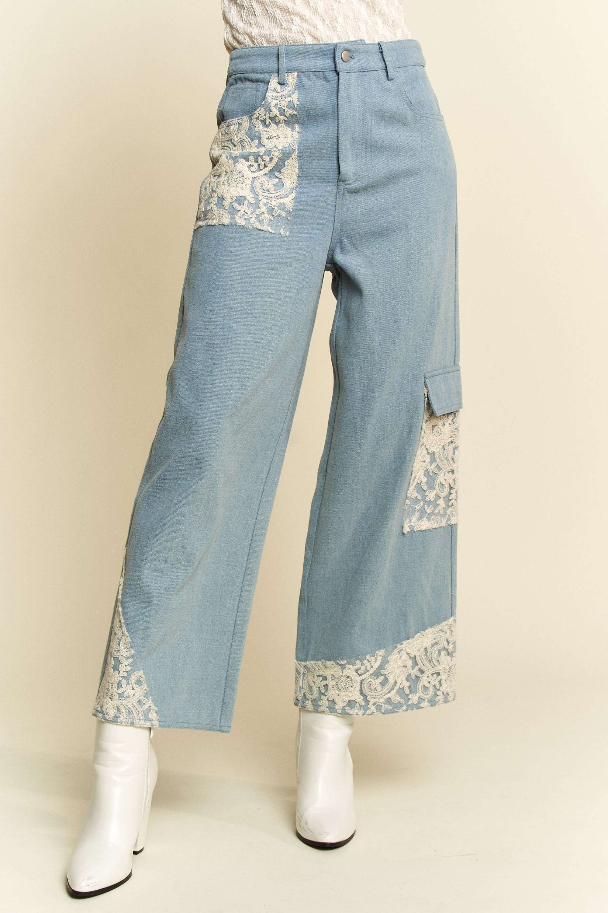 Davi & Dani Lace Applique Wide Leg Jeans