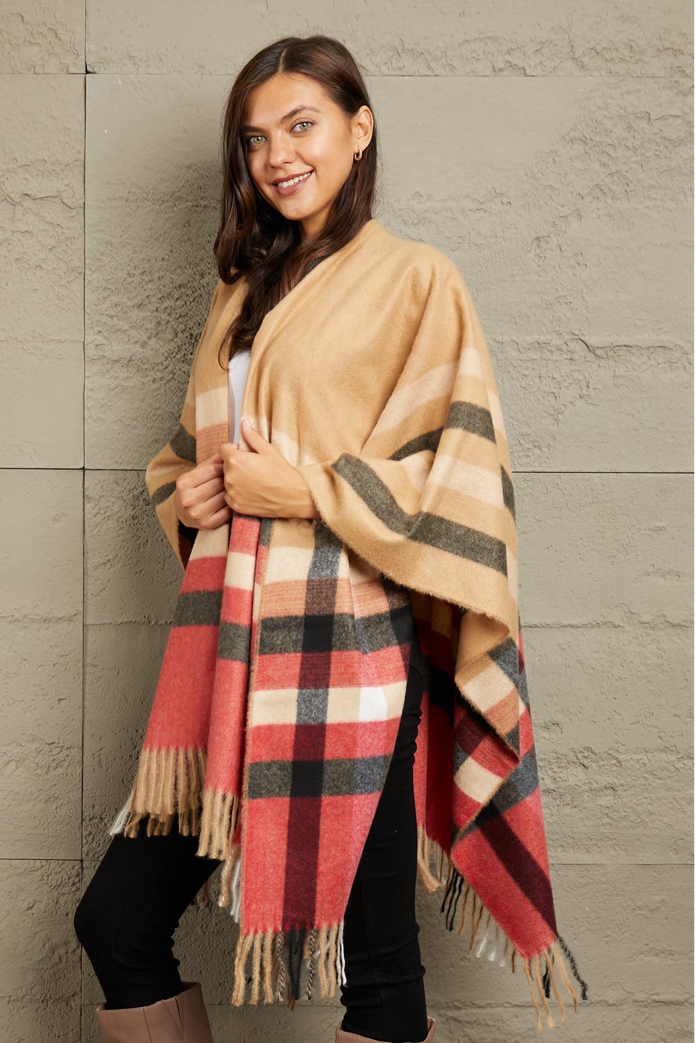 e.Luna Plaid Shawl Poncho Cardigan