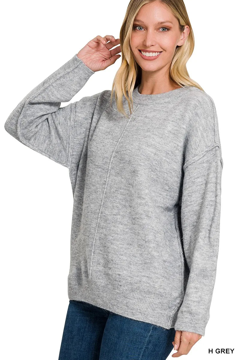 Melange Front Seam Round-Neck Sweater