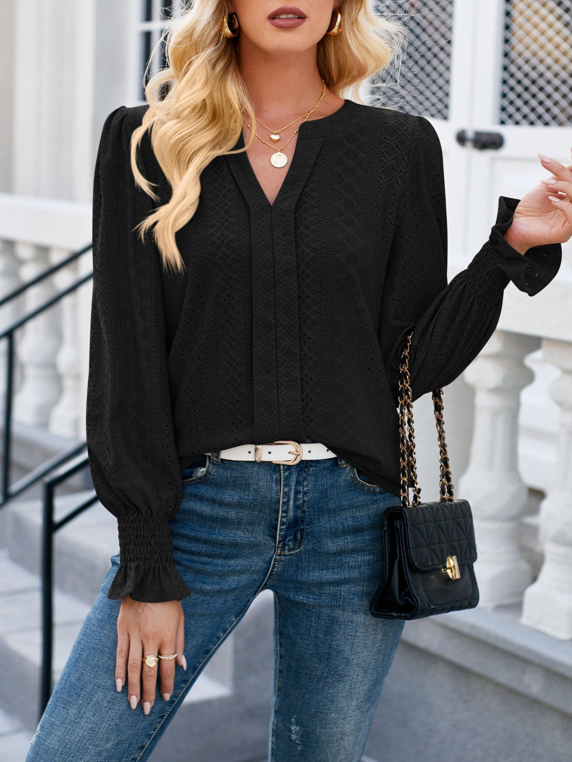 Lovelet Eyelet Notched Flounce Sleeve Blouse