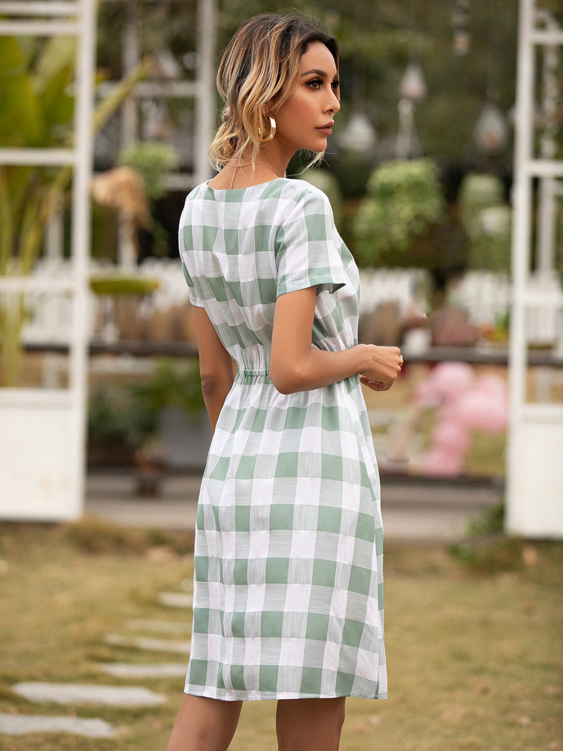 Ivy Lane Smocked Plaid Round Neck Short Sleeve Dress