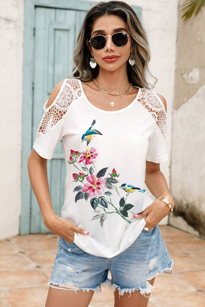 Shiny Lace Detail Round Neck Cold Shoulder Blouse