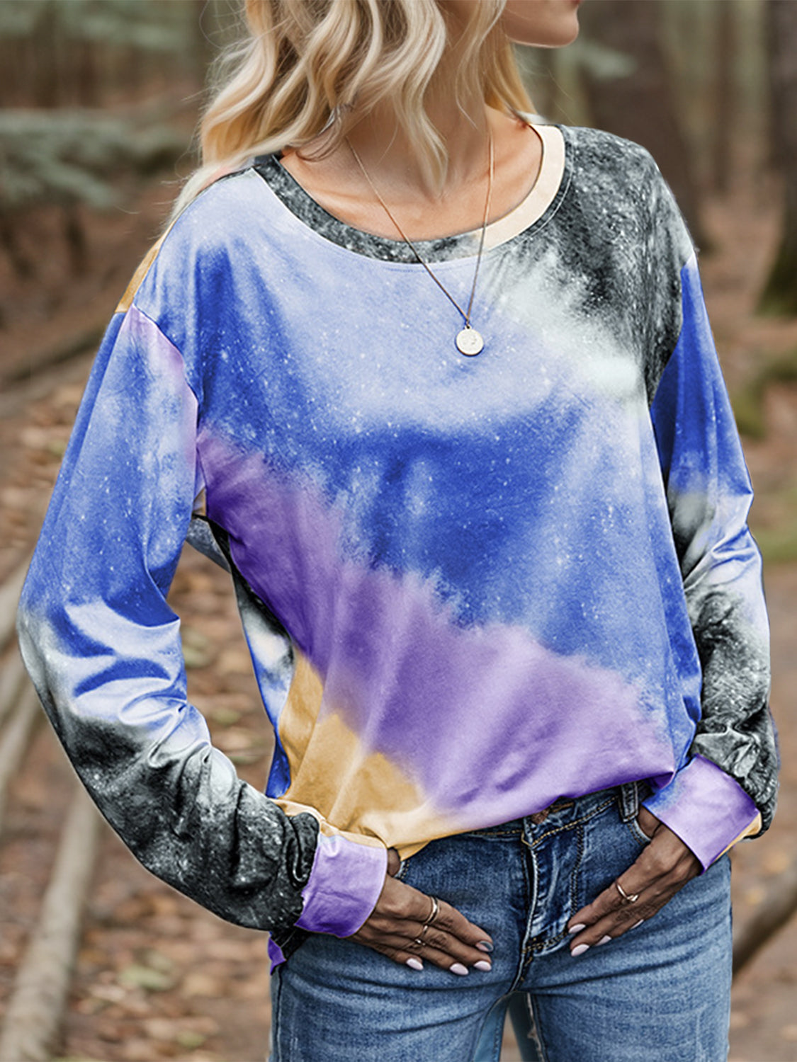 Shiny Printed Round Neck Long Sleeve T-Shirt