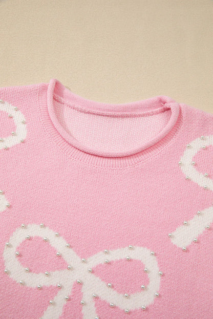 Pearl Detail Bow Round Neck Long Sleeve Sweater