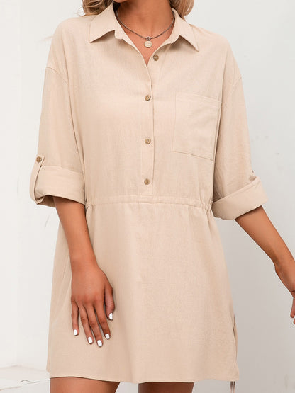 Ivy Lane Drawstring Half Button Roll-Tab Sleeve Dress