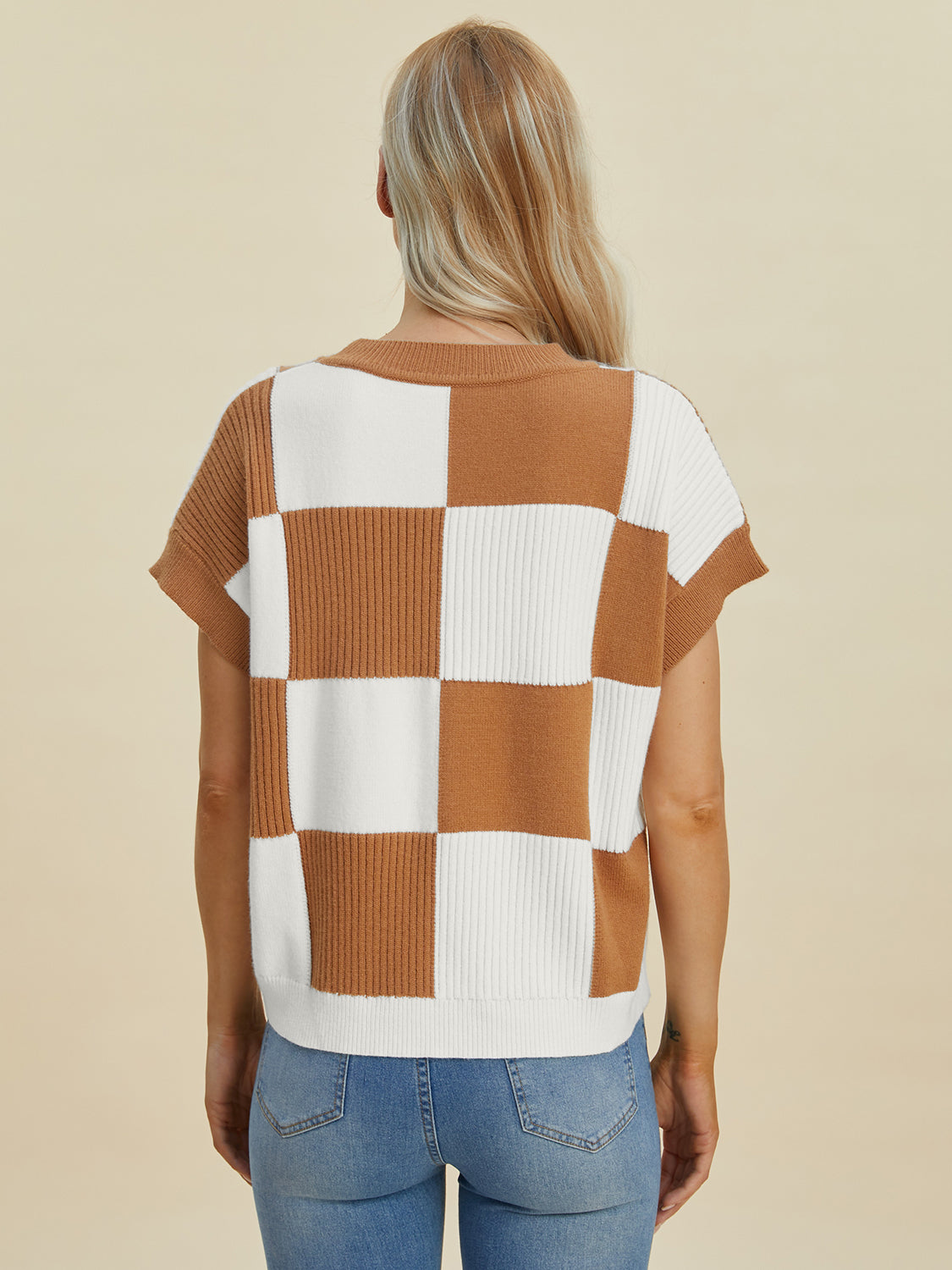 Full Size Chickened Round Neck Short Sleeve Sweater
