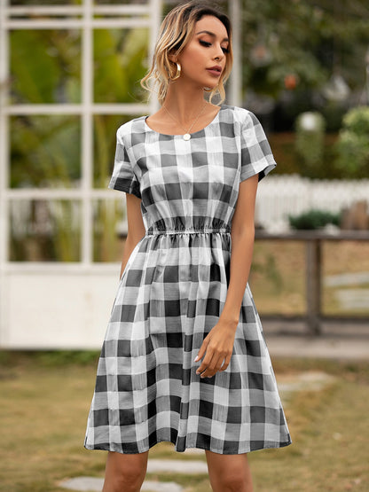 Ivy Lane Smocked Plaid Round Neck Short Sleeve Dress