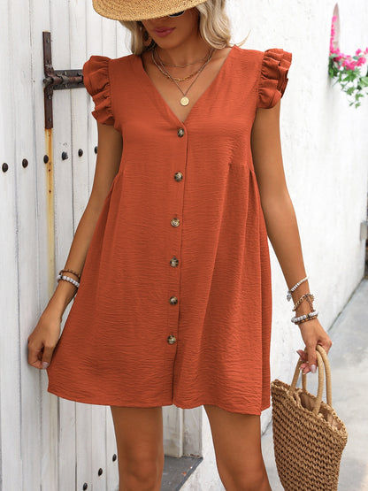 Ivy Lane Button Up V-Neck Cap Sleeve Mini Dress