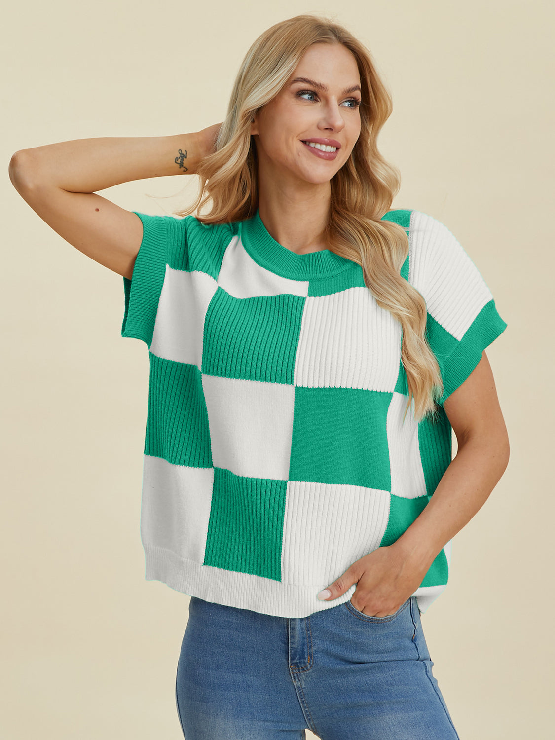 Full Size Chickened Round Neck Short Sleeve Sweater