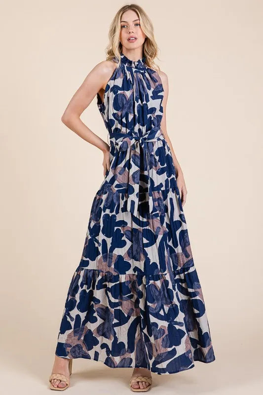 Abstract Halter Neck Tie-Waist Tiered Maxi Dress
