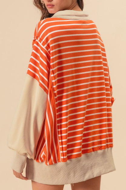 Striped Johnny Collar Long Sleeve Sweatshirt