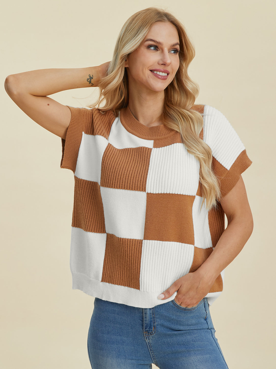 Full Size Chickened Round Neck Short Sleeve Sweater