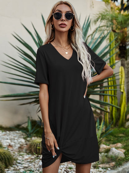 Shiny V-Neck Short Sleeve Mini Dress