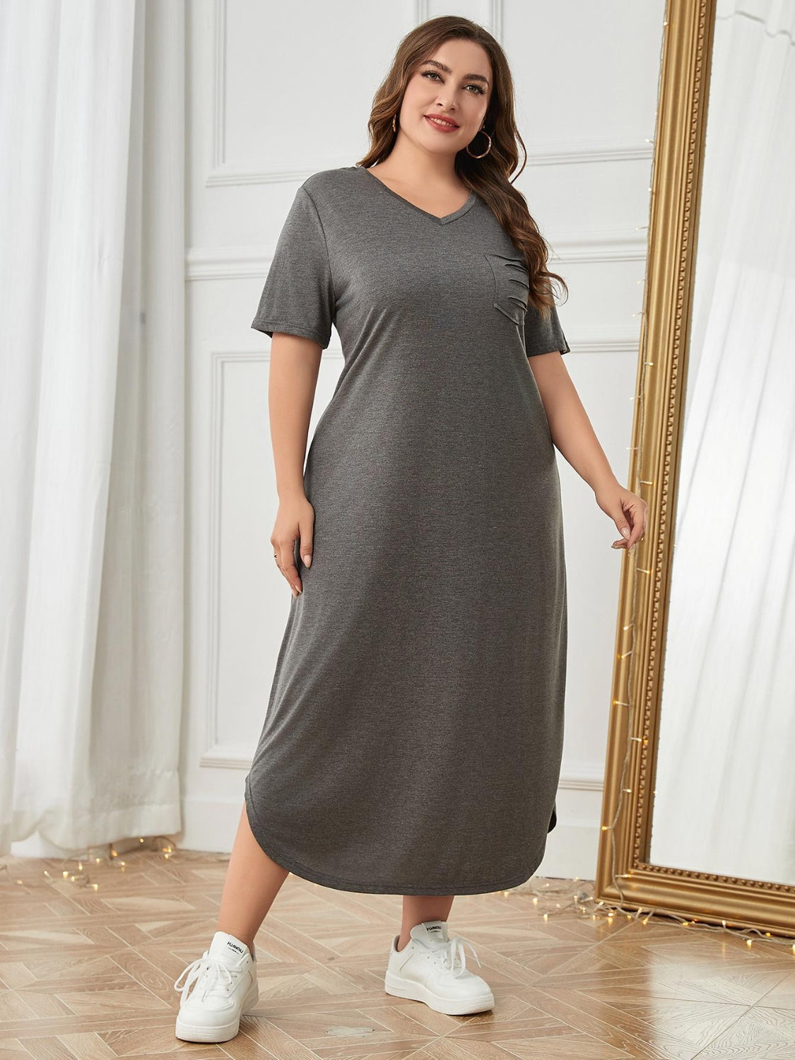 Plus Size Pocketed V-Neck Short Sleeve Lounge Dress