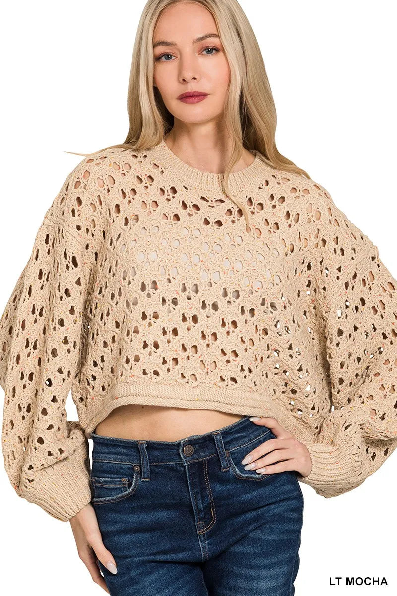 Oversized Cropped Crochet Knit Sweater