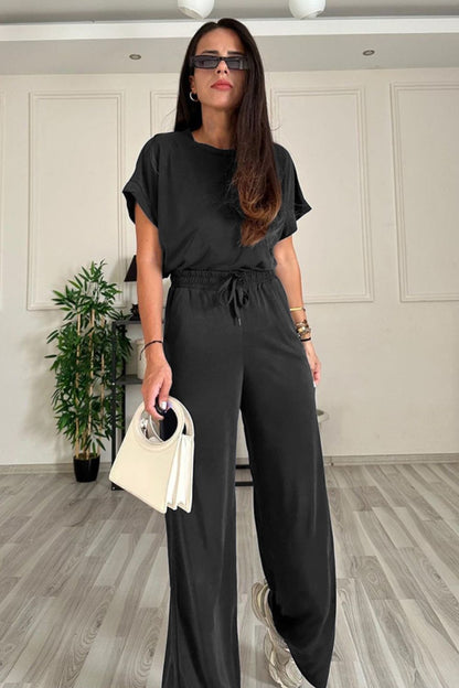 Round Neck Short Sleeve Top and Drawstring Pants Set