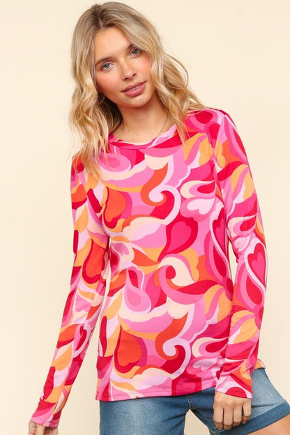 Haptics Full Size Heart Print Round Neck Long Sleeve T-Shirt