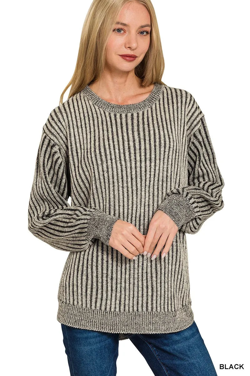 Curved Hem Two-Tone Ribbed Sweater