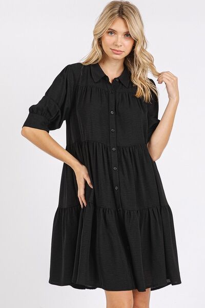 Button Detail Collared Neck Tiered Shirt Dress