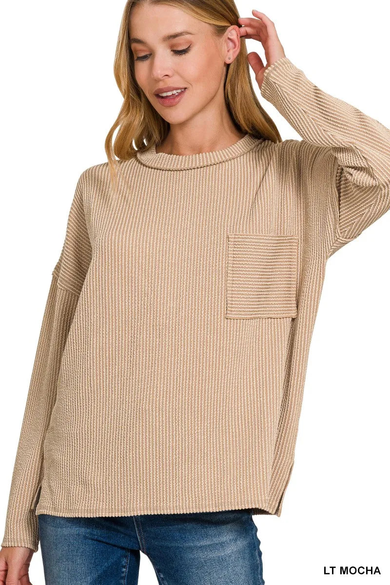 Long Sleeve Drop Shoulder Rib Top