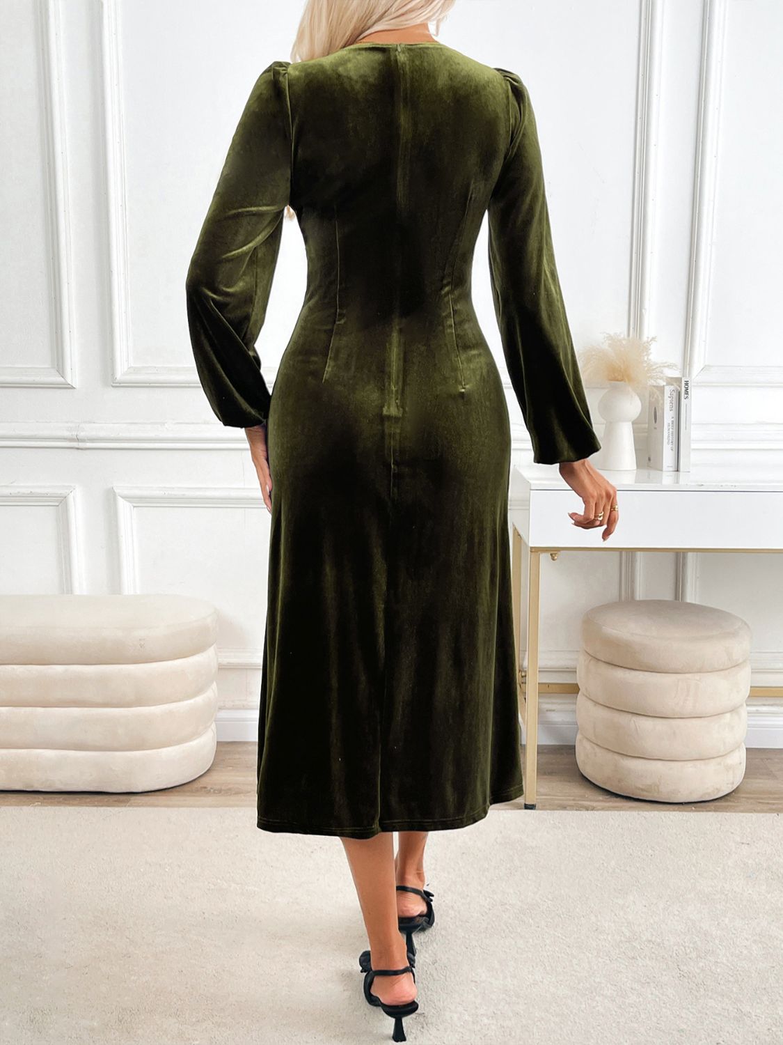 Perfee Slit V-Neck Long Sleeve Midi Dress