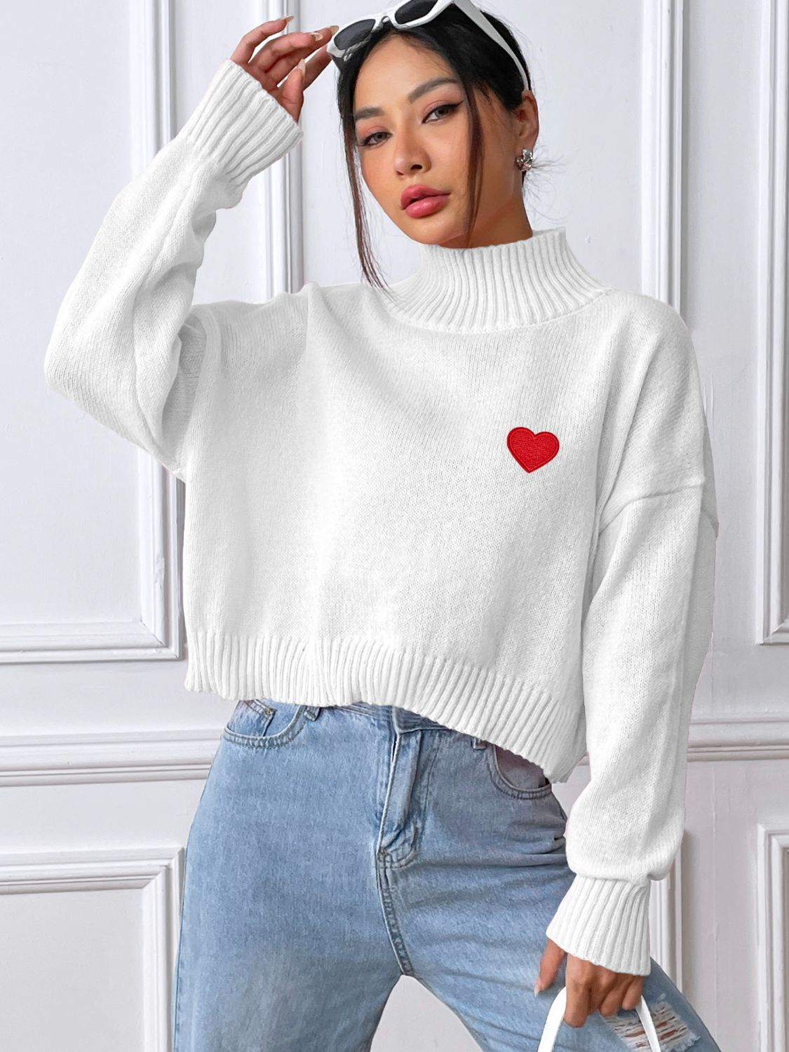 Heart Turtleneck Long Sleeve Sweater