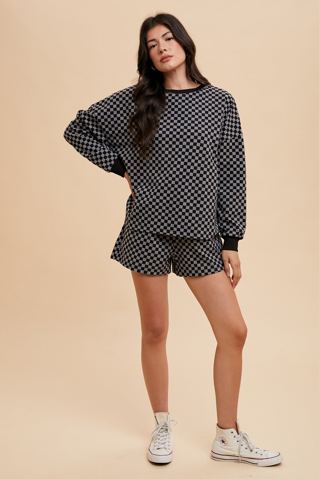 Chickened Round Neck Top and Drawstring Shorts Set