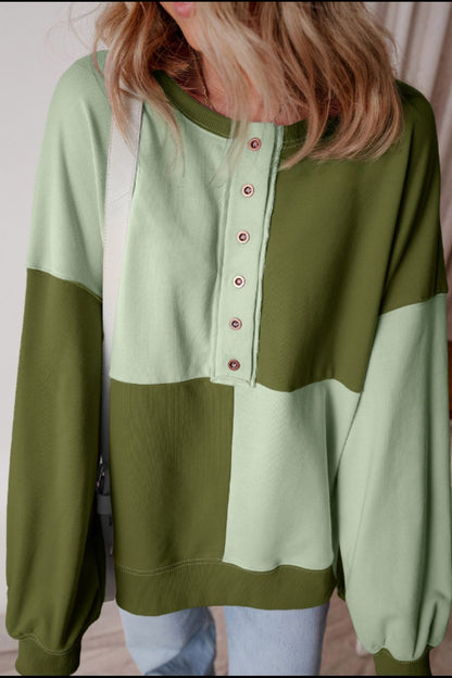 Color Block Half Button Long Sleeve Sweatshirt