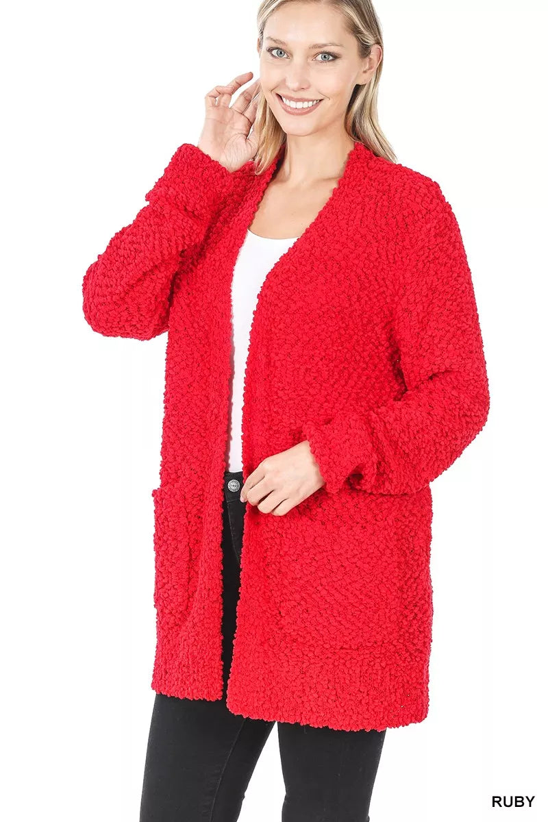 Long Sleeve Popcorn Sweater Cardigan with Pockets
