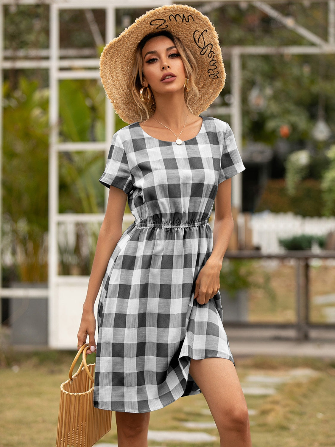 Ivy Lane Smocked Plaid Round Neck Short Sleeve Dress