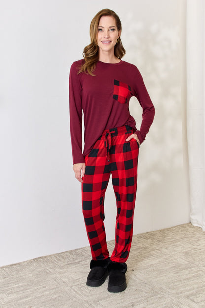 Zenana Full Size Plaid Round Neck Top and Pants Pajama Set