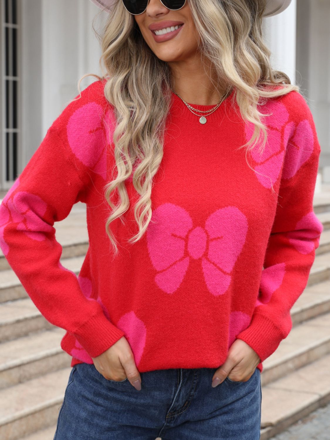 Angel Wings Bow Round Neck Dropped Shoulder Sweater