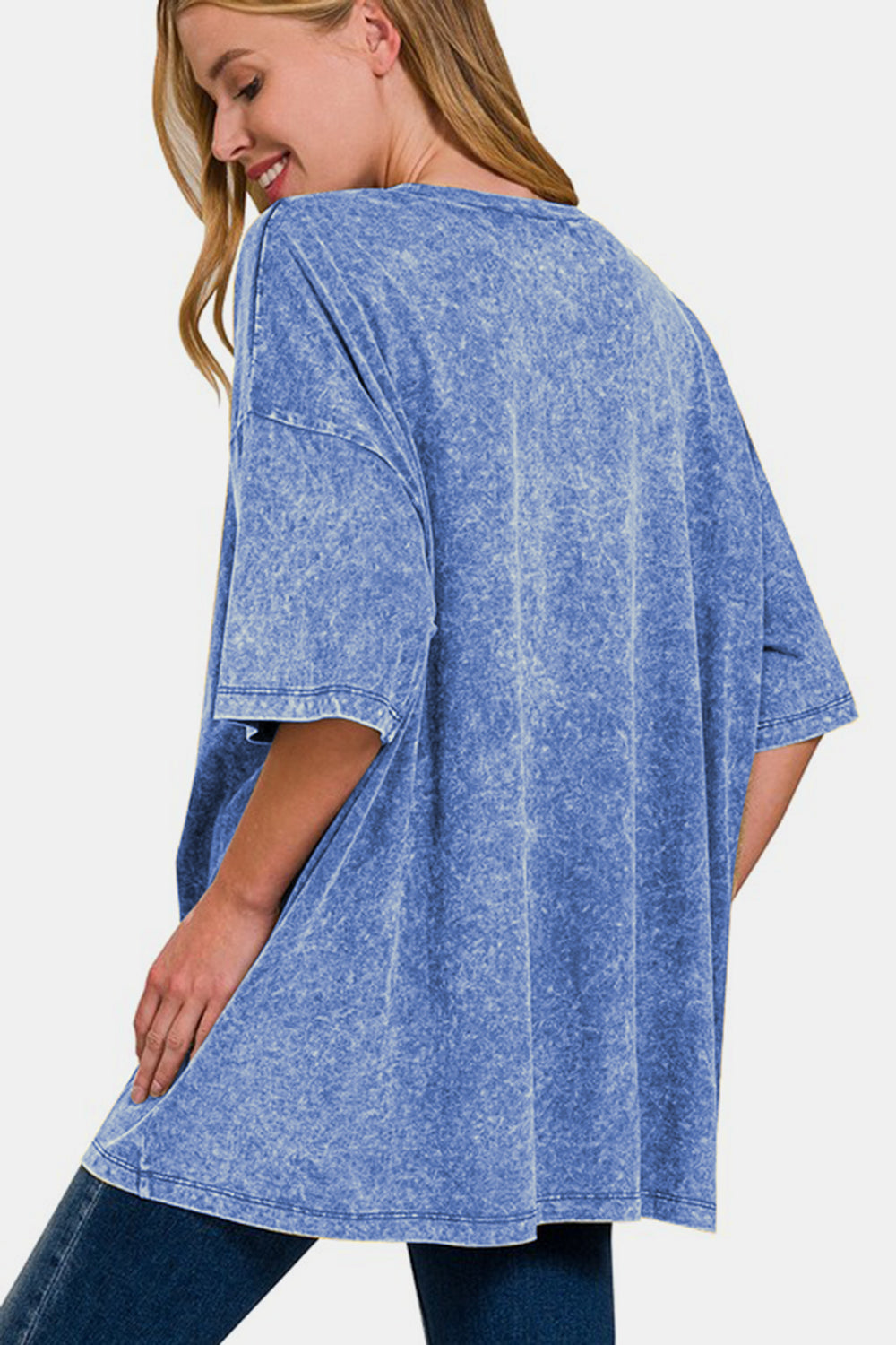 Zenana Full Size Washed Round Neck Drop Shoulder Oversized T-Shirt Blue / 1XL/2XL