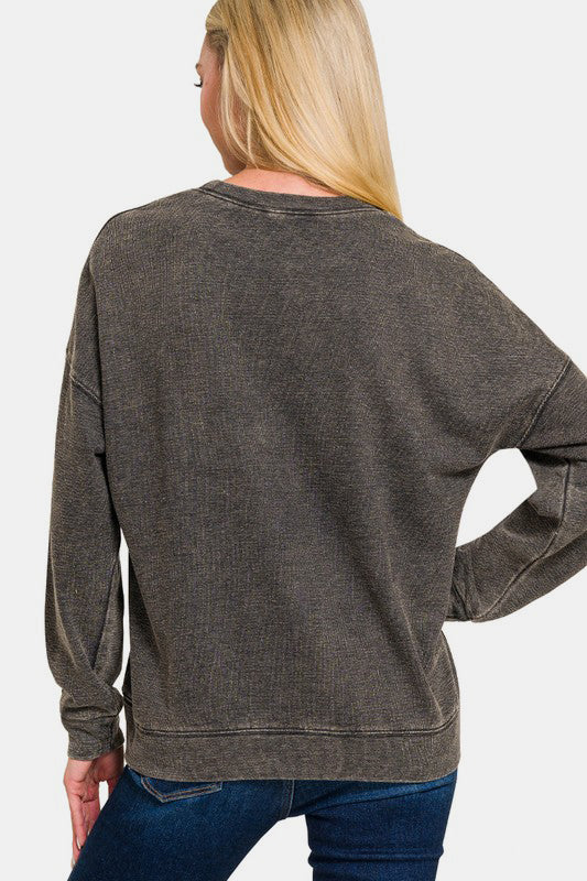 Zenana Washed Round Neck Dropped Shoulder Sweatshirt Black / S