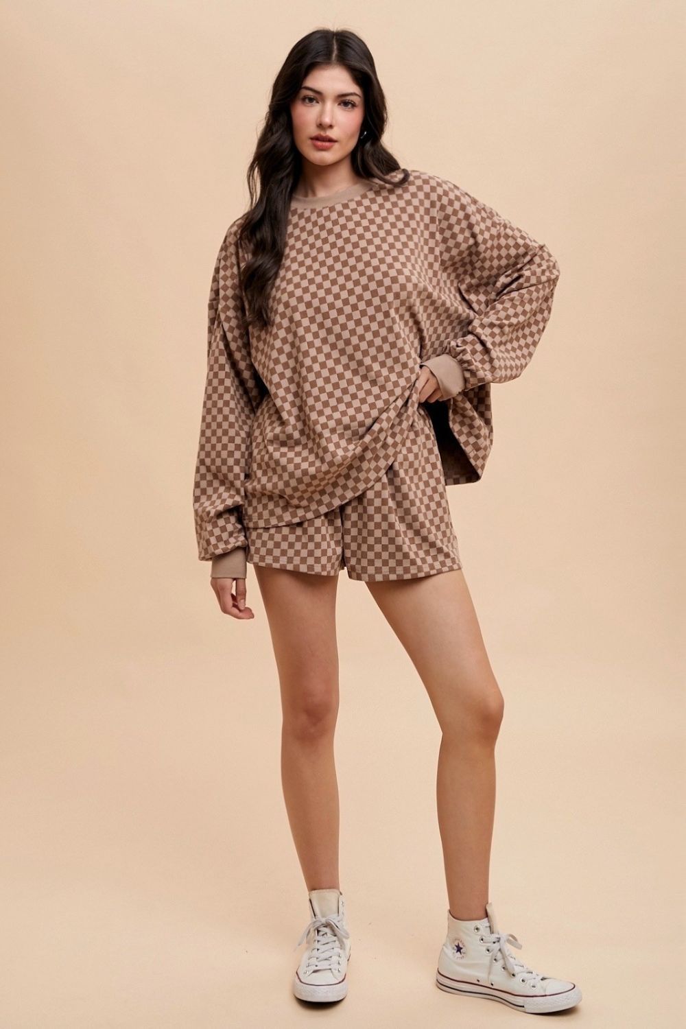 Chickened Round Neck Top and Drawstring Shorts Set