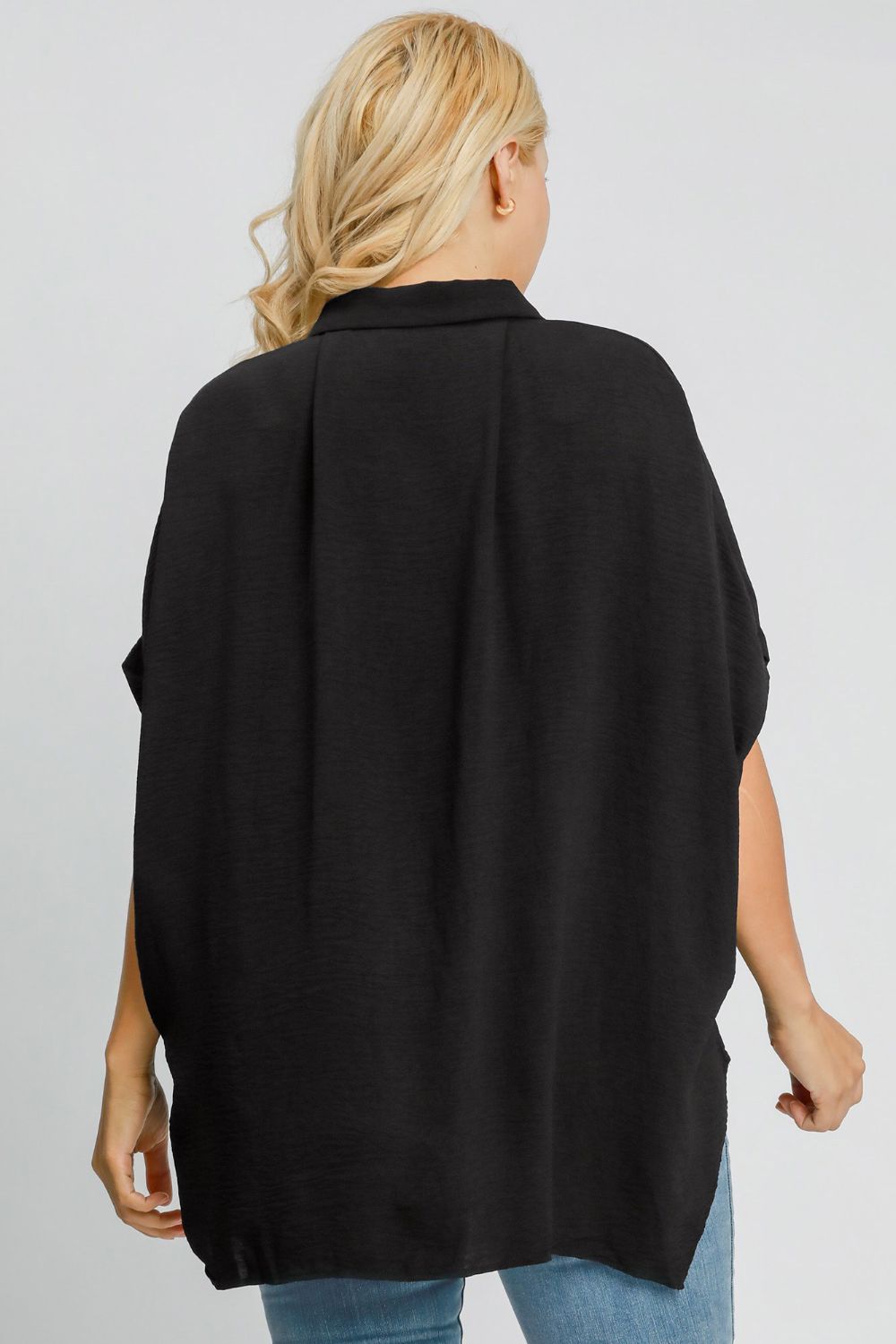 Full Size High-Low Button Up Short Sleeve Shirt