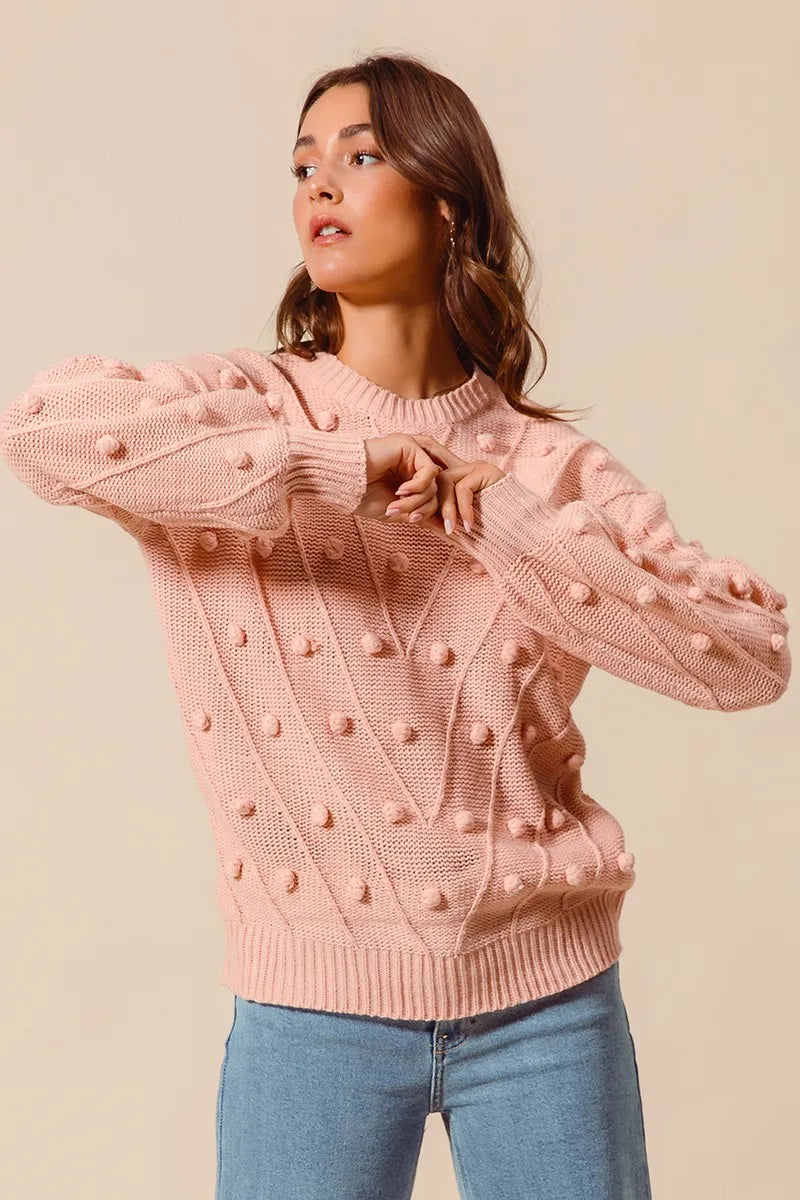 Pom Pom Textured Knit Sweater Top