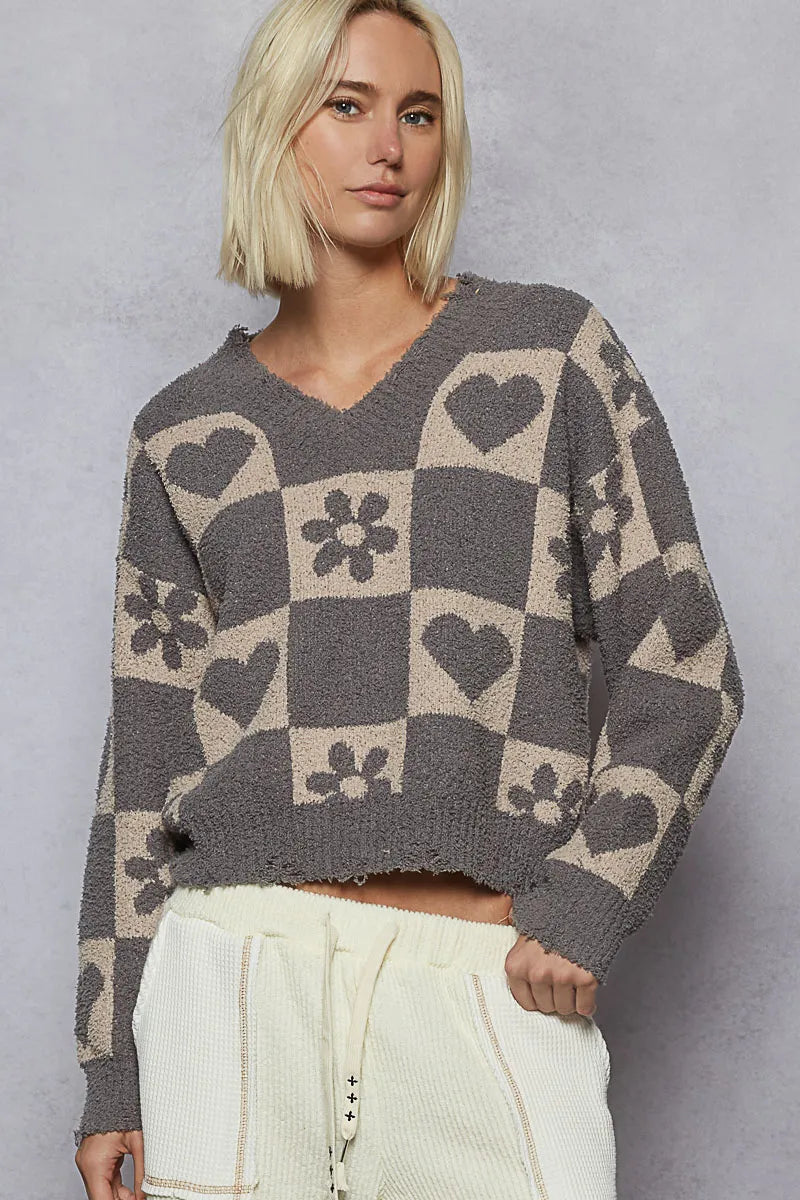 V-Neck Heart Pattern Checkered Sweater