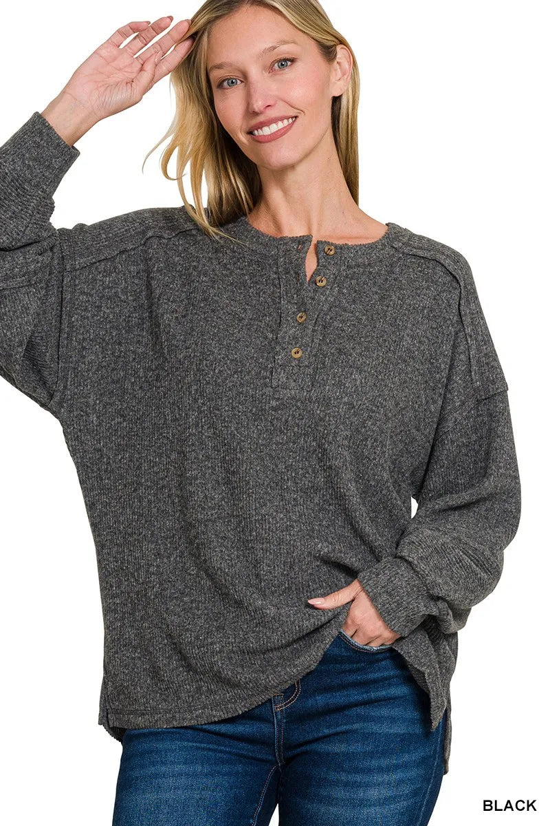 Ribbed Brushed Hacci Melange Henley Sweater Plus Size