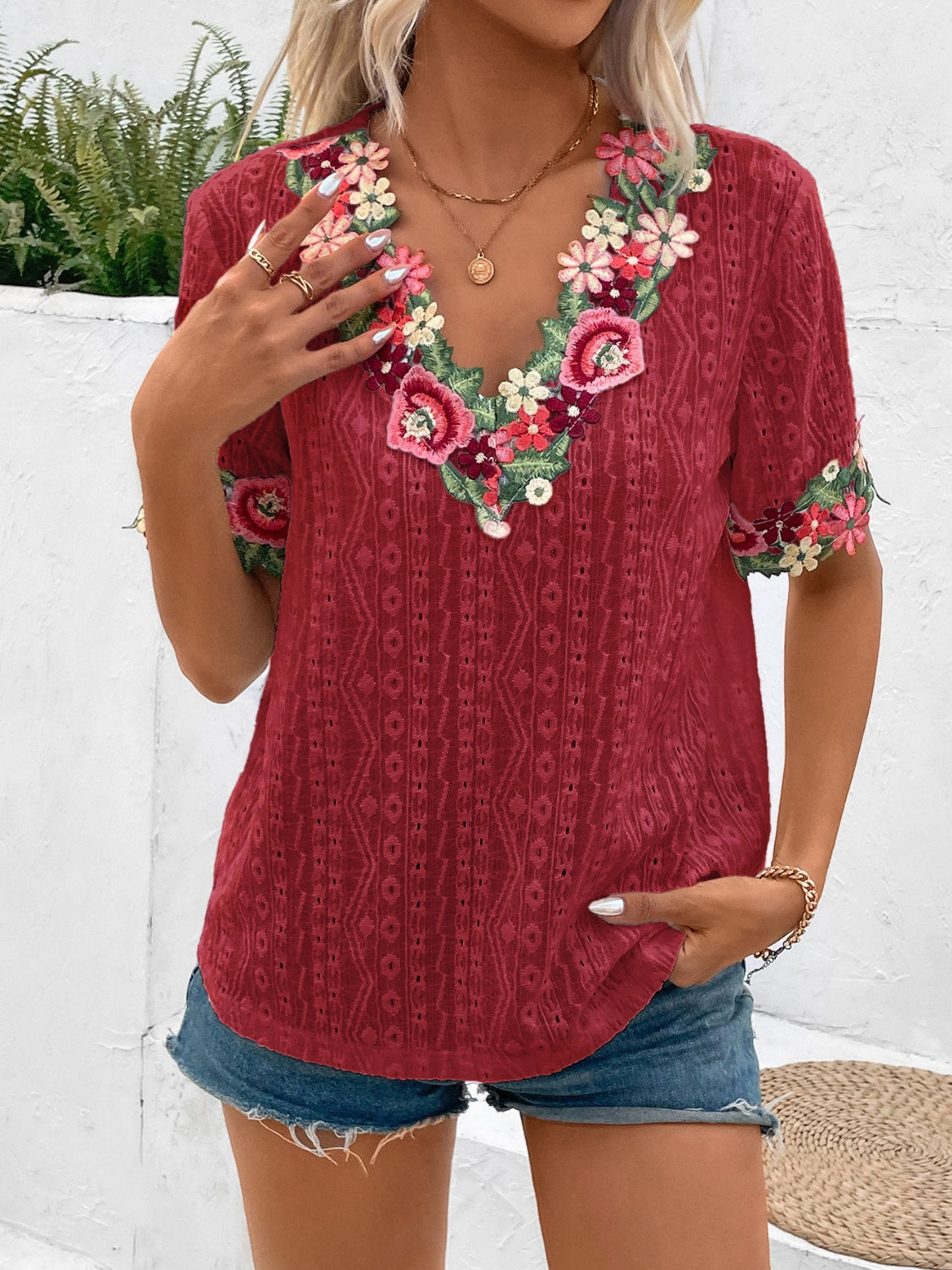 Ivy Lane Eyelet Embroidered V-Neck Short Sleeve Blouse