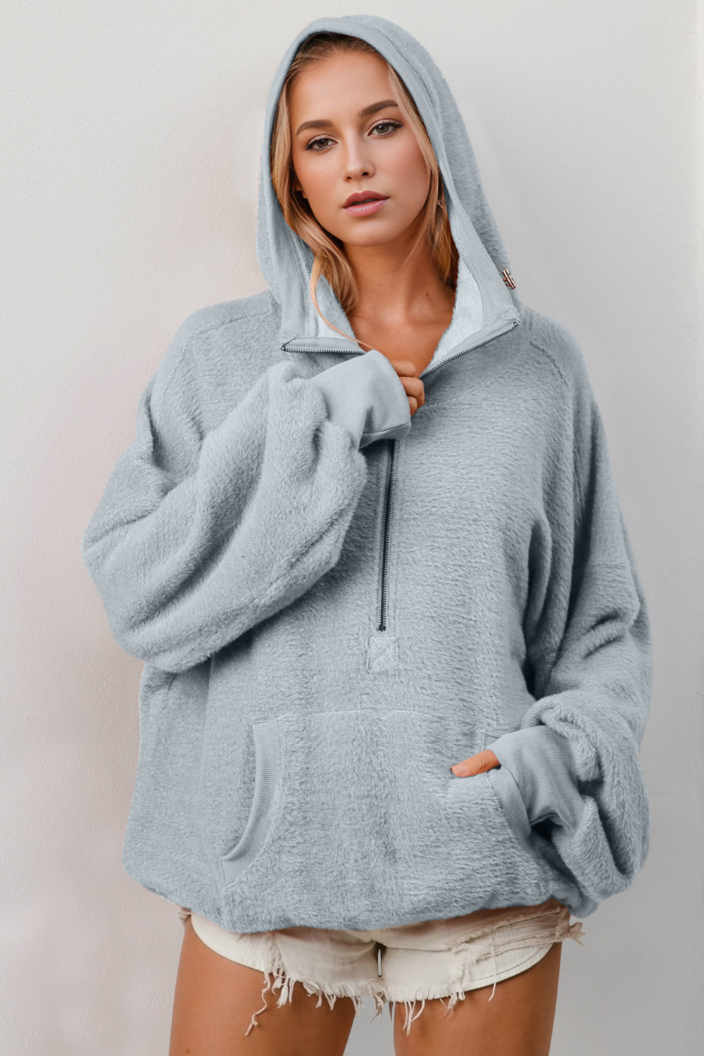 Double Take Half Zip Long Sleeve Hoodie with Kangaroo Pocket