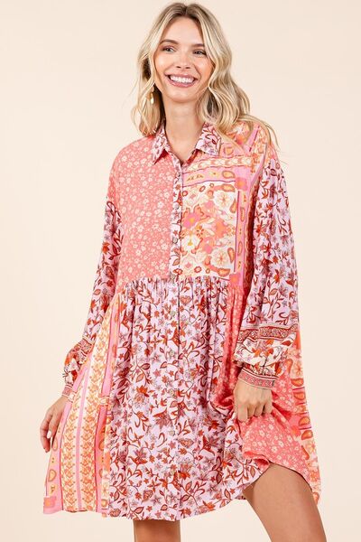 Floral Button Detail Long Sleeve Shirt Dress