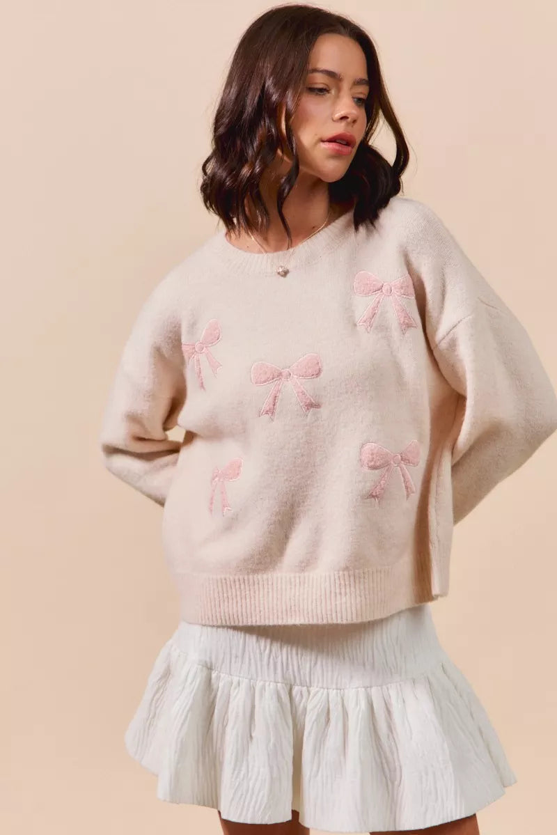 Embroidered Ribbon Round Neck Sweater