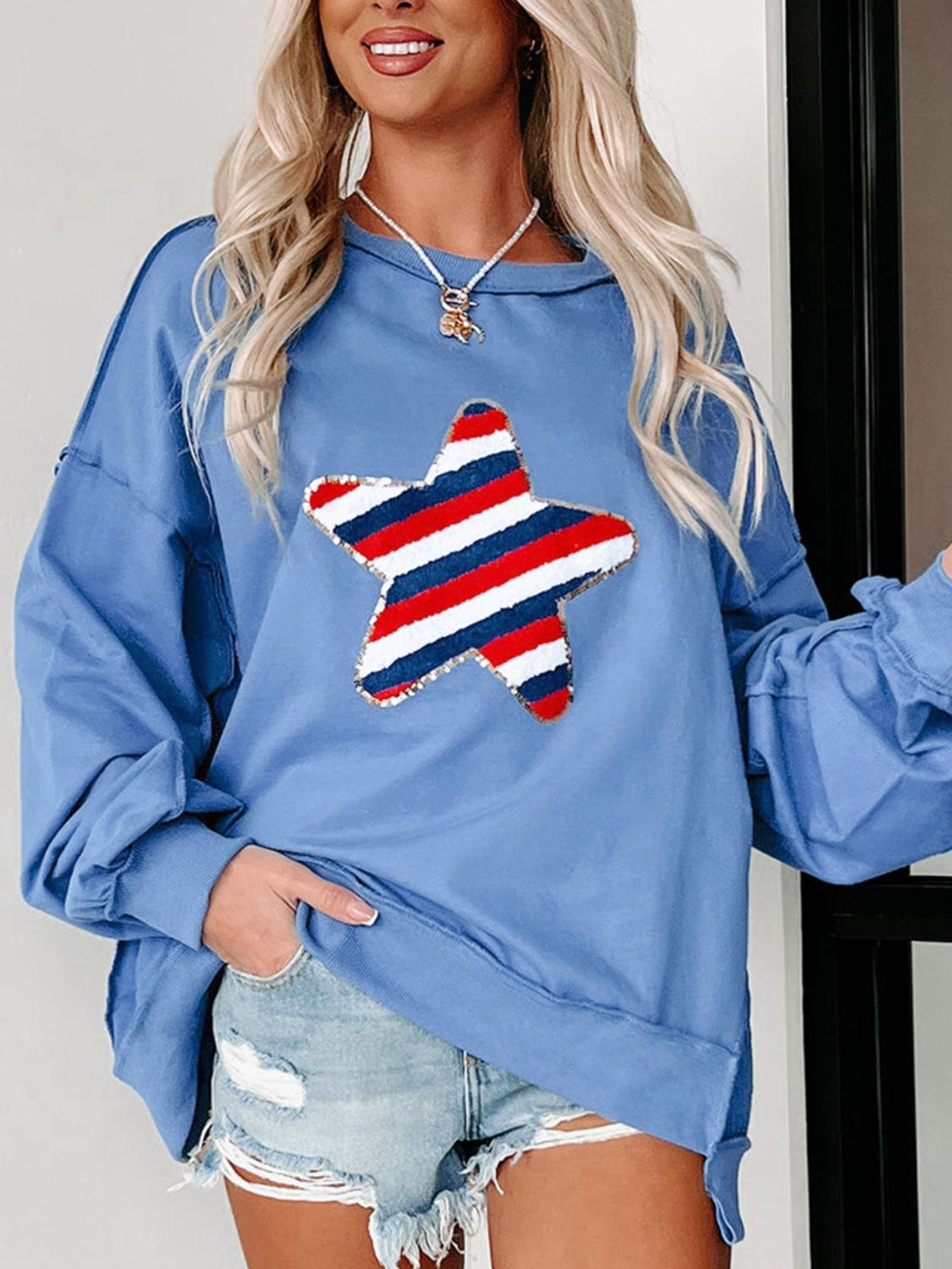 Star Patch Round Neck Long Sleeve Sweatshirt