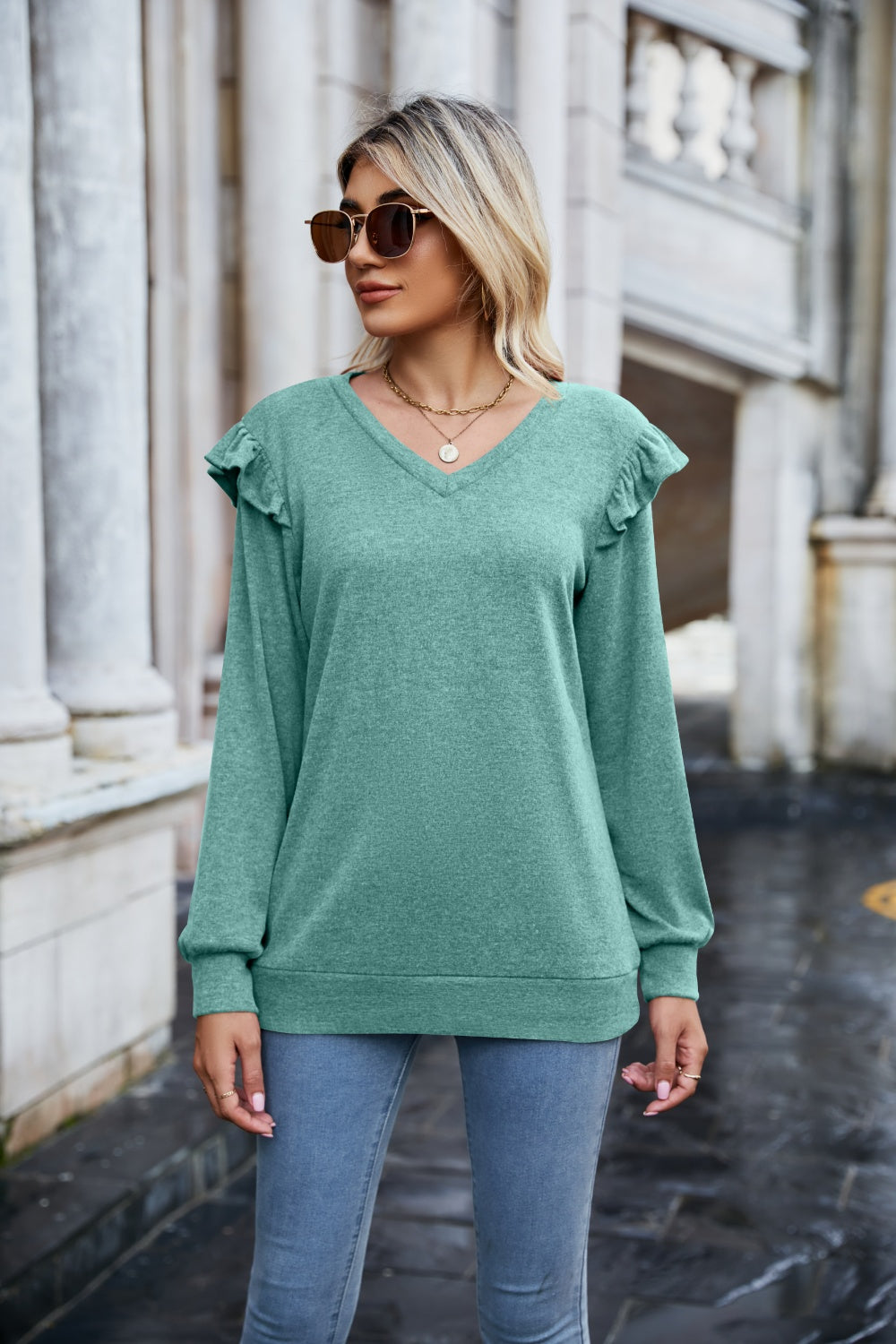 Mandy Ruffled Heathered V-Neck Long Sleeve T-Shirt